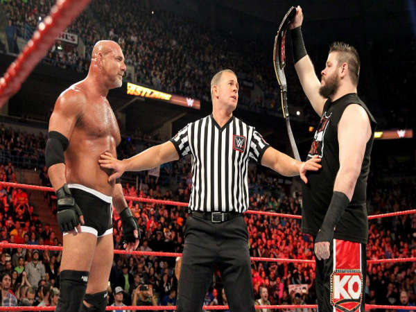 Goldberg (left) and Owens at Fastlane (Image courtesy: wwe.com) Goldberg (left) and Owens at Fastlane (Image courtesy: wwe.com)