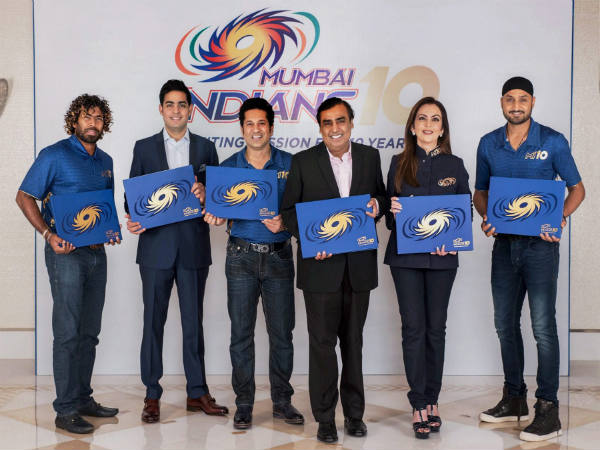 From left: Lasith Malinga, Akash Ambani, Sachin Tendulkar, Mukesh Ambani, Nita Ambani and Harbhajan Singh