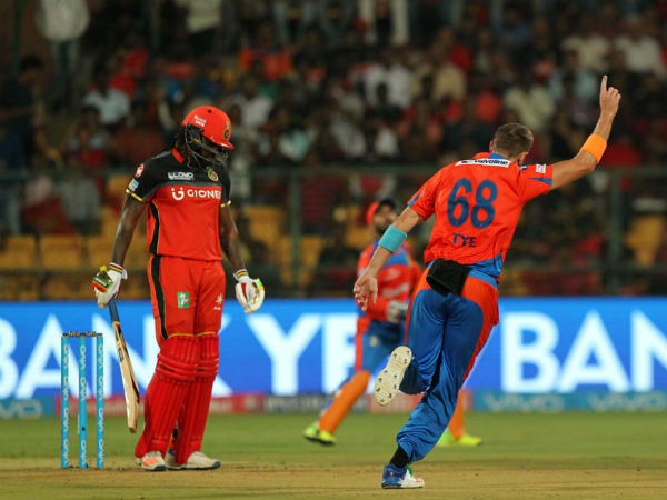 Gujarat Lions' Andrew Tye reacts after getting Chris Gayle's wicket. Image Courtesy: BCCI