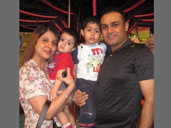 Virender Sehwag with his wife and sons