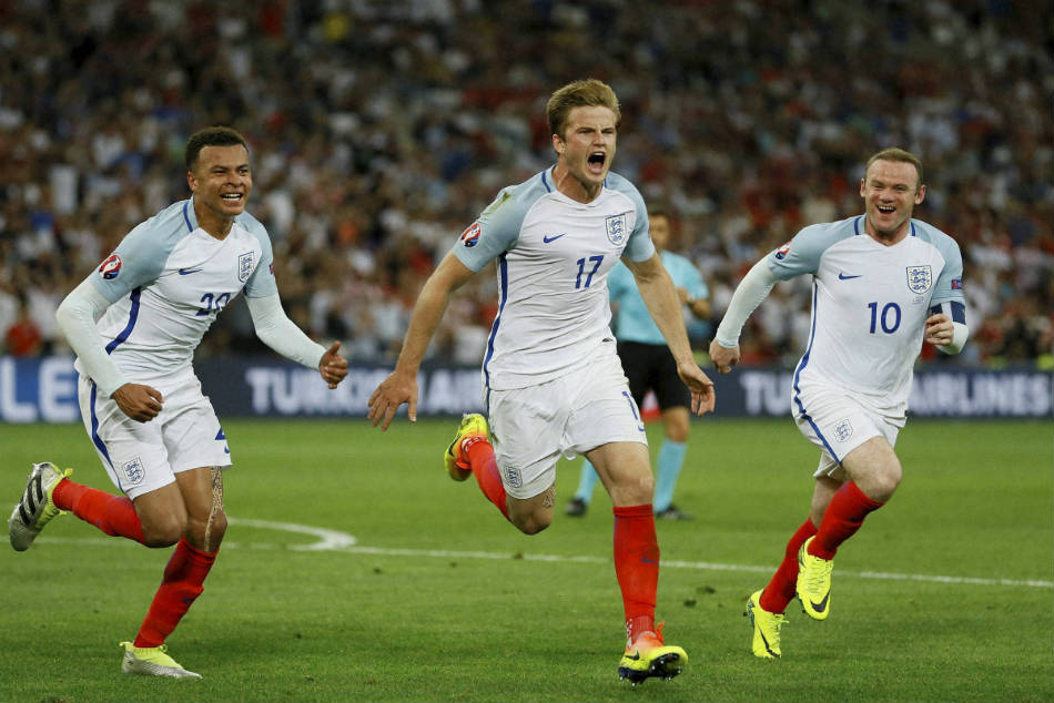 England's Eric Dier, center, celebrates after scoring a goal England's Eric Dier, center, celebrates after scoring a goal