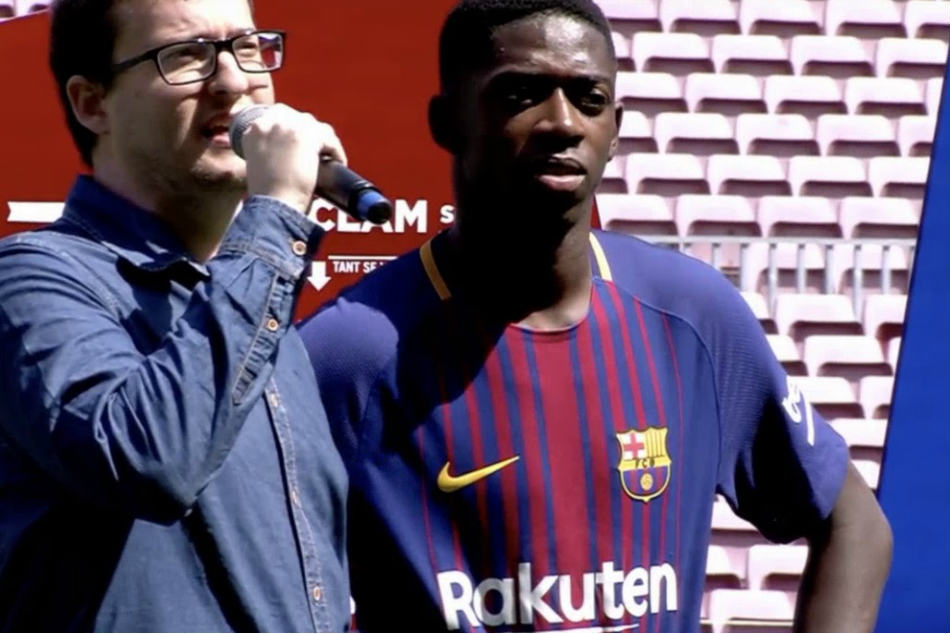 Osumane Dembele (right) during Barca presentation Osumane Dembele (right) during Barca presentation