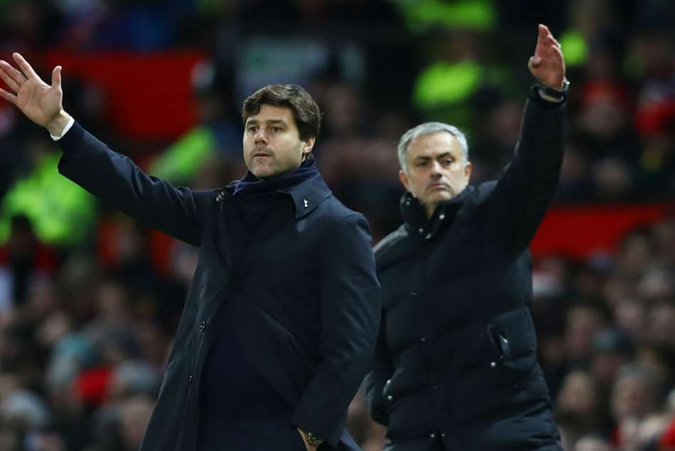 Tottenham Hotspurs manager Mauricio Pochttino with Manchester United manager Jose Mourinho. Tottenham Hotspurs manager Mauricio Pochttino with Manchester United manager Jose Mourinho.