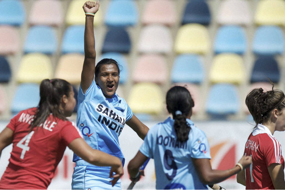 Rani Rampal (C) celebrates with teammate Rani Rampal (C) celebrates with teammate