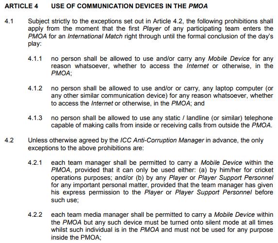 ICC clause on mobile usage in dugout