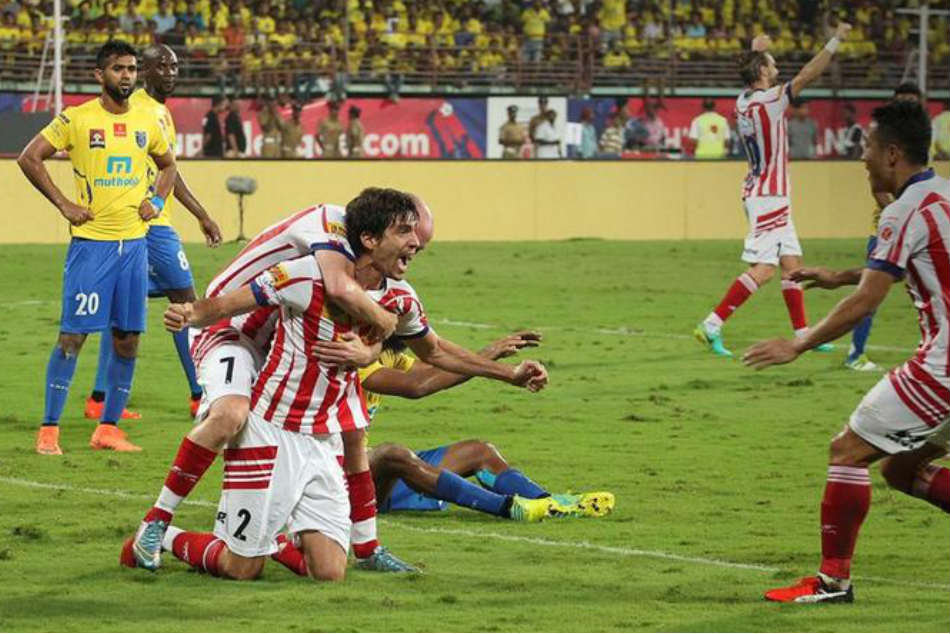 Henrique Sereno celebrates with teammates after scoring the equaliser in the 2016 ISL final against Kerala Blasters. A lot has changed since then with Sereno moving to Chennaiyin FC