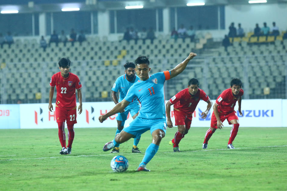 India's Sunil Chhetri converts from the spot against Myanmar in Goa on Tuesday