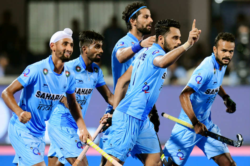 Harmanpreet Singh of India celebrates after scoring his team's second goal against Germany in the HWL Final's third-place match