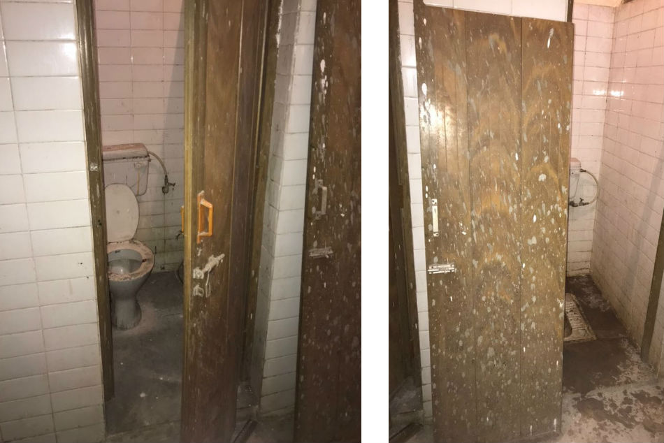 A player has to go through broken, dirty doors before using the loo at the Bangalore Football Stadium