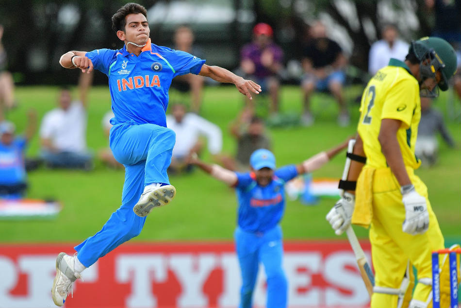 Kamlesh Nagarkoti of India celebrates the dismissal of Australia's Jason Sangha during the ICC Under-19 Cricket World Cup final at the Bay Oval (Image: ICC)
