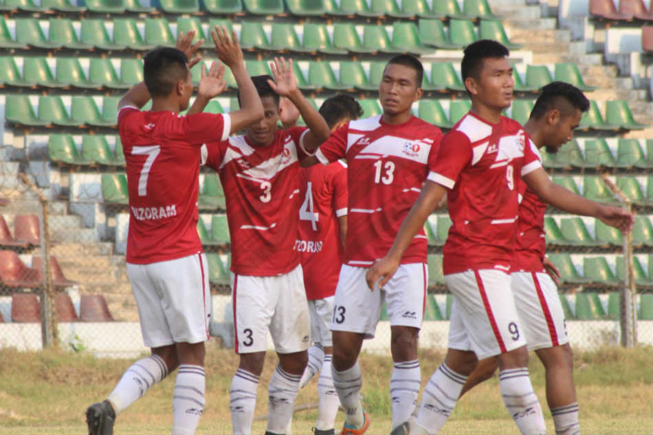Mizoram players celebrate after a goal against Goa during their Santosh Trophy 2018 match in Kolkata (Image: AIFF Media)