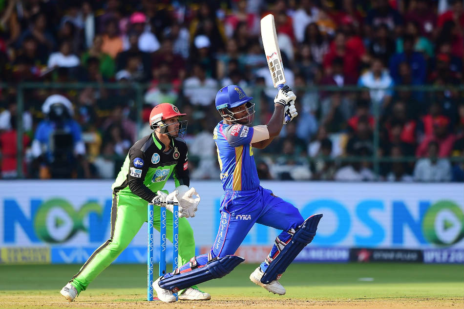 Sanju Samson of Rajasthan Royals hits one on the leg-side during the IPL 2018 match against RCB at the M Chinnaswamy Stadium on Sunday