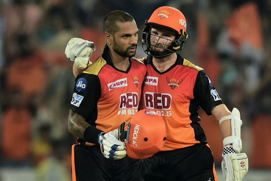 Sunrisers Hyderabads batsmen Shikhar Dhawan and Kane Williamson greets each other after won the IPL 2018 cricket match against Rajasthan Royals by 9 wickets.