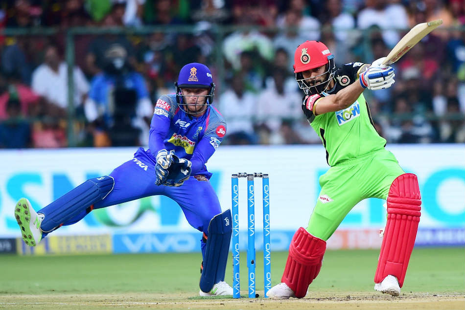 Virat Kohli of Royal Challengers Bangalore (RCB) en route to his 57 against Rajasthan Royals during their IPL 2018 match at the M Chinnaswamy Stadium on Sunday