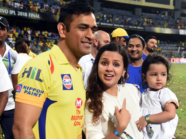 Chennai Super Kings captain MS Dhoni with wife Sakshi and daughter after winning the IPL final against Sunrisers Hyderabad, in Mumbai on Sunday