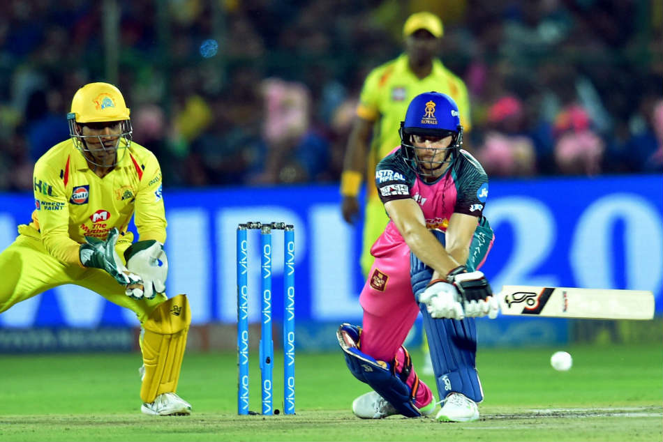 Jos Buttler of Rajasthan Royals plays a reverse sweep against Chennai Super Kings (CSK) during their IPL 2018 match