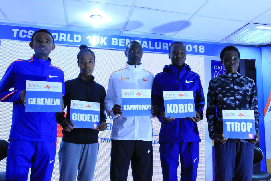 (From left) Mosinet Geremew, Netsanet Gudeta, Geoffrey Kamworor, Alex Korio and Agnes Tirop at the TCS World 10K Bengaluru 2018 press conference