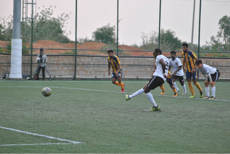 Robert De Souza of Ozone FC Bengaluru converts from the spot against Real Kashmir during the final round of the Second Division I-League at the FSV Arena in Hennur on Thursday (Image: AIFF Media)