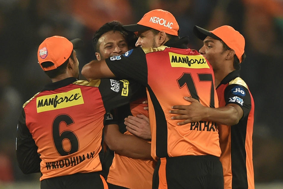 Sunrisers Hyderabad (SRH) players are overjoyed after their win over the Royal Challengers Bangalore (RCB) during the IPL 2018