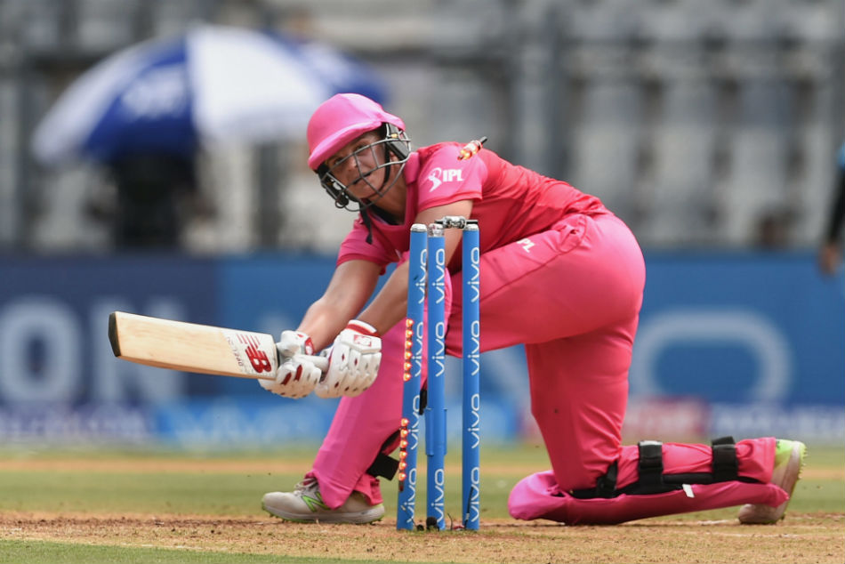 Trailbrazers batsman Suzie Bates gets dismissed during Indian Premier League, Womens T20 cricket match against Supernovas at Wankhede Stadium, in Mumbai, on Tuesday.