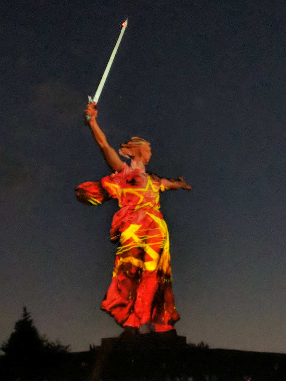The Mamayev Kurgan (Statue of the Motherland) in all grandeur during a light show in Volgograd. 