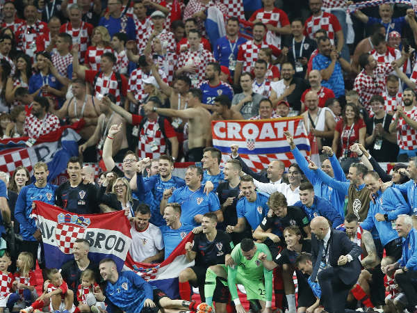 The Croatia team celebrates at the end of the semifinal match against England in the Luzhniki Stadium in Moscow on Wednesday
