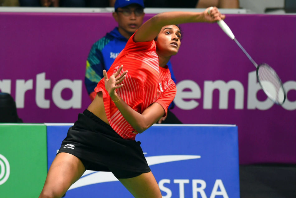PV Sindhu in action against Thailands N Jindapol during womens singles quarter-final match at the Asian Games