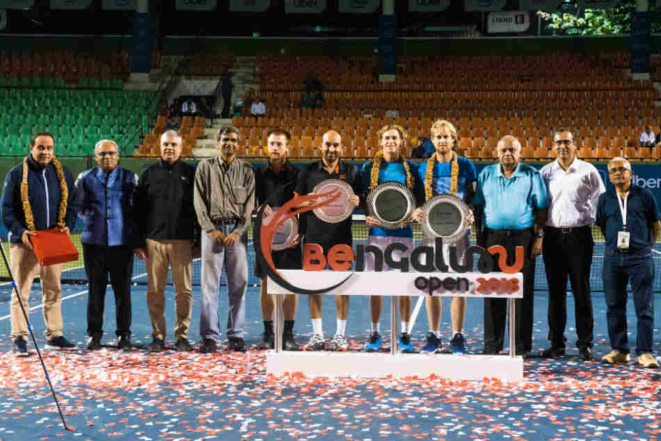 Doubles champions of the Bengaluru Open 2018 Luke Seville (fourth from right) and Max Purcell (both Australia) along with the runners up Purav Raja of India (left of Max) and Anotnio Sancic of Croatia (Pic: Deepthi Indukuri)