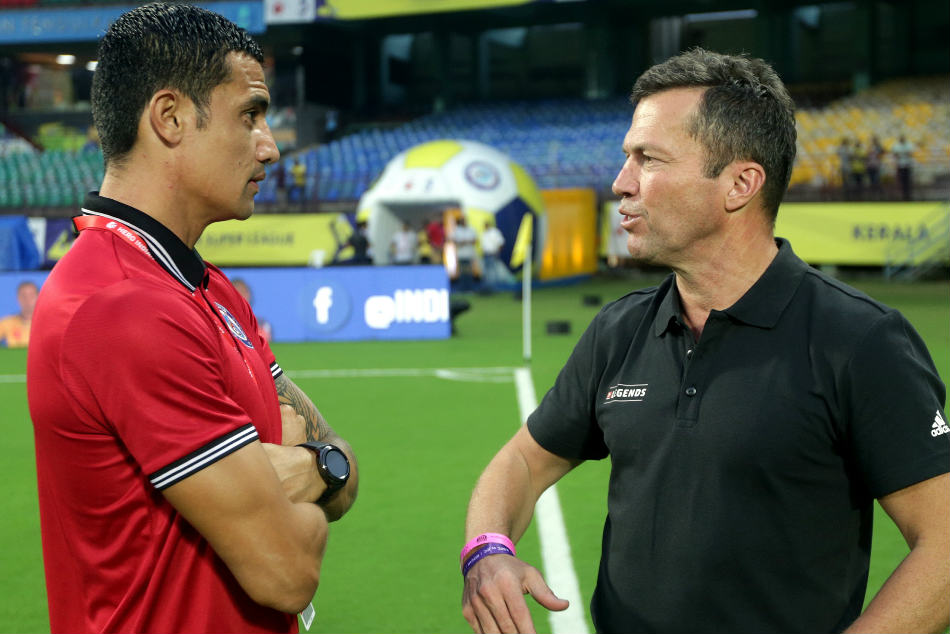Lothar Herbert Matthaus, German Football legend and former player interacts with Tim Cahill of Jamshedpur FC before the start of the match. Credit: ISL Media