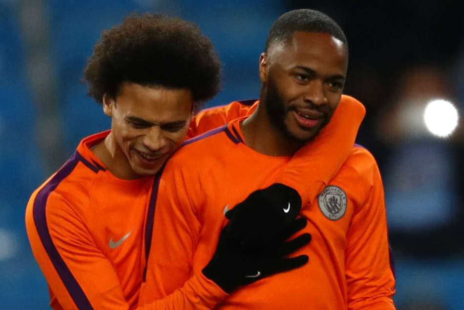 Manchester City duo Leroy Sane (left) and Raheem Sterling during training Manchester City duo Leroy Sane (left) and Raheem Sterling during training