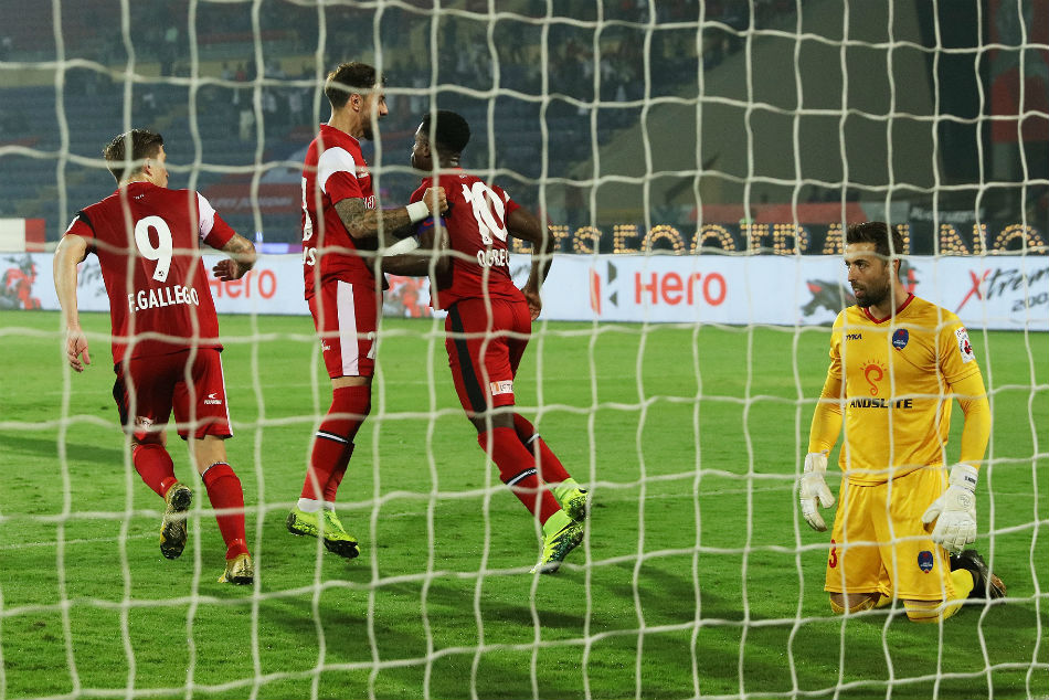 Bartholomew Ogbeche of NorthEast United FC misses no chance and converts penalty into the goal against Delhi Dynamos FC in Hero ISL