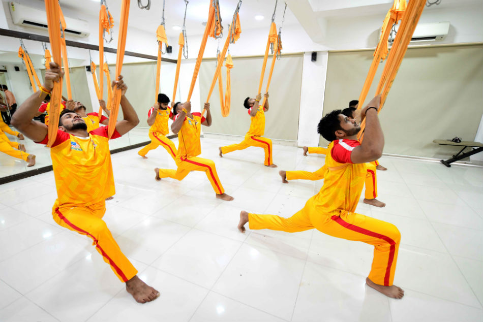 Kabaddi players perform unique Aerial Yoga