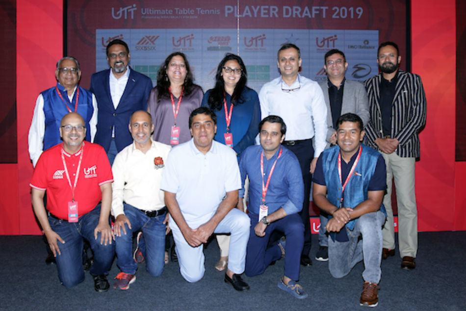 Ultimate Table Tennis owners and franchise owners and their representatives during the UTT 2019 Player Draft along with TTFI President Mr. Dhanraj Choudhary (second row - extreme left) in Mumbai on Thursday.