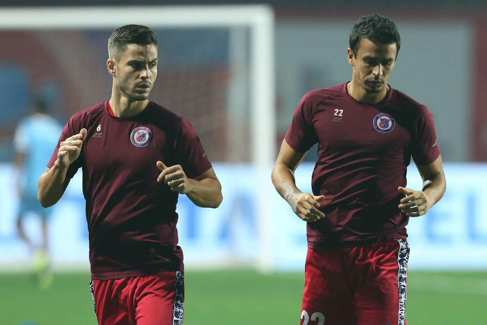 JFCs Aitor Monroy and Memo Moura train ahead of their crucial tie against Chennaiyin FC at Jawaharlal Nehru Stadium, Chennai