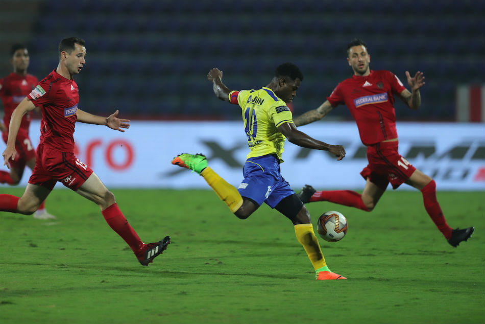 KBFC’s Bartholomew Ogbeche tried desperately but could not break the deadlock against NEUFC during their match in Guwahati: ISL Media. KBFC’s Bartholomew Ogbeche tried desperately but could not break the deadlock against NEUFC during their match in Guwahati: ISL Media.