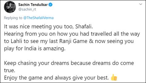 Sachin Tendulkar responds to Shafali Vermas heart-melting post, suggests her to keep chasing dreams