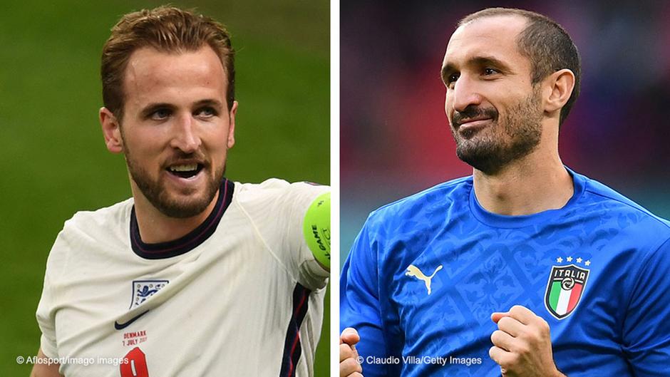 Englands Harry Kane (left) and Italys Georgio Chiellini (right) meet again in the Euro 2020 final