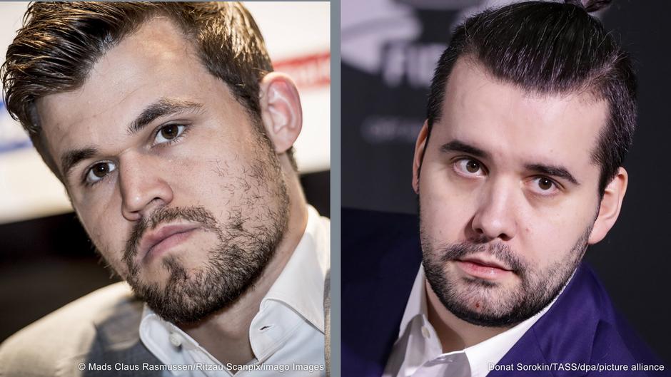 Magnus Carlsen (left) and Ian Nepomniachtchi (right) face off in the World Chess Championship