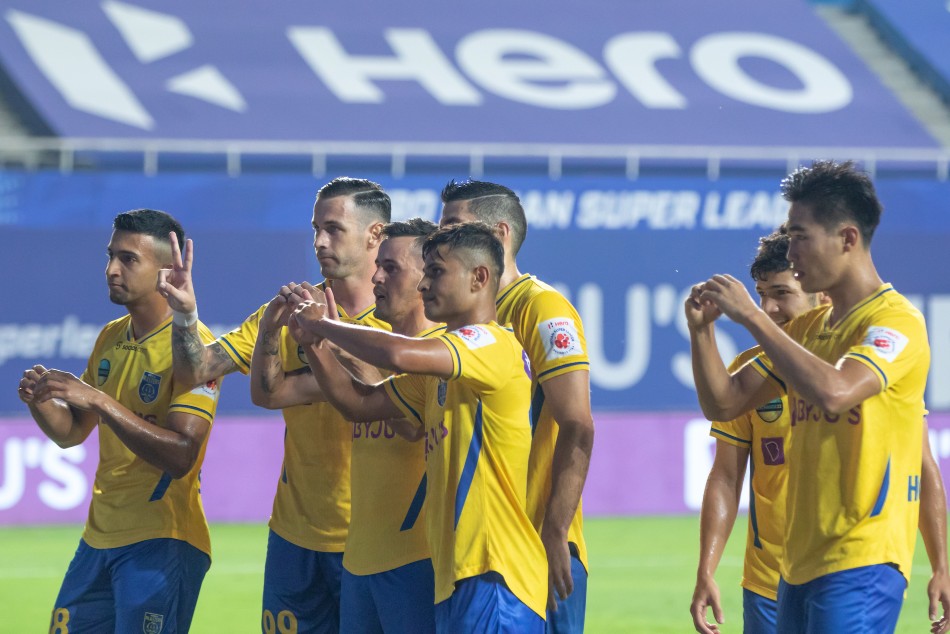 Kerala Blasters players celebrate their win over Chennaiyin FC. Credit: ISL Media Kerala Blasters players celebrate their win over Chennaiyin FC. Credit: ISL Media