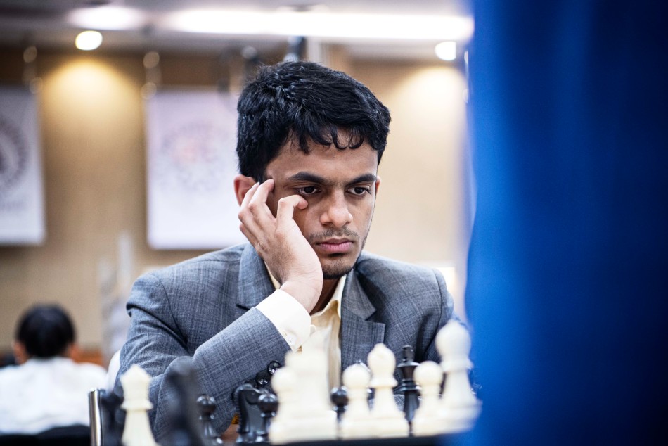 India Open B teams Nihal Sarin in action in Round 10 of the 44th Chess Olympiad in Mamallapuram, Tamil Nadu on Monday. Photo credit - Stev Bonhage