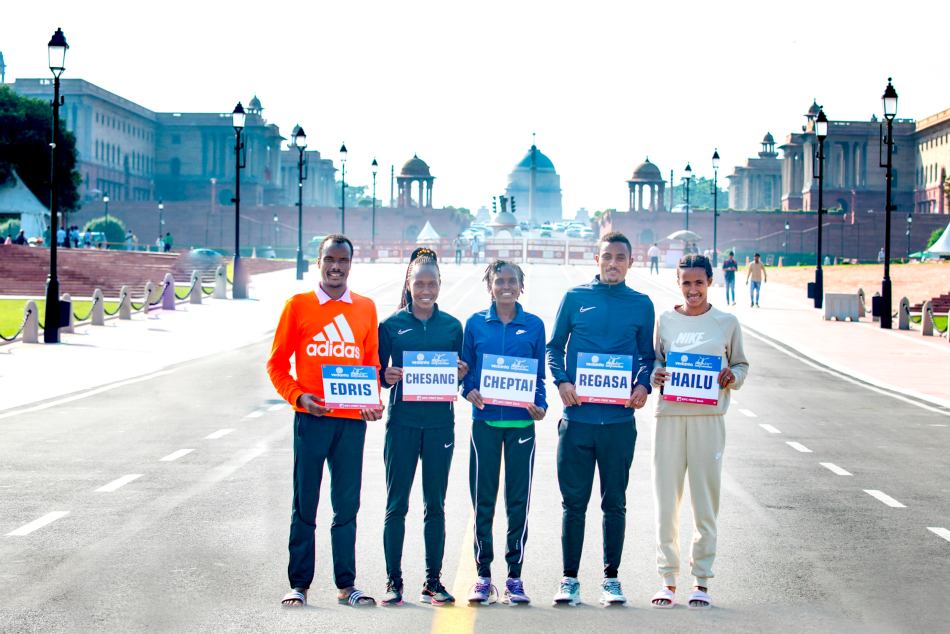  Vedanta Delhi Half Marathon 2022-Intl. Elite athletes at the Iconic Kartavya Path (L to R), Ethiopia’s Muktar Edris, Uganda’s Stella Chesang, Kenya’s Irine Cheptai, Ethiopia’s Chala Regasa and Ethiopia’s Lemlem Hailu.