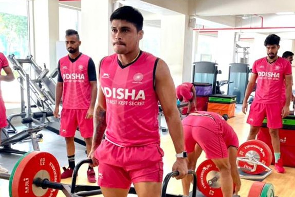 The Indian team sweats it out in the gym at the Kalinga Stadium