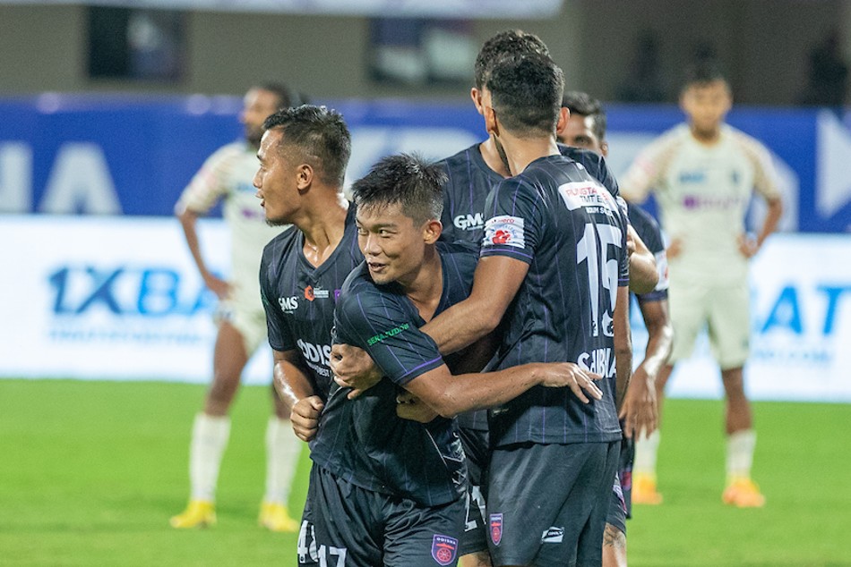 Odisha FC players celebrate their win over KBFC. Credit: FSDL