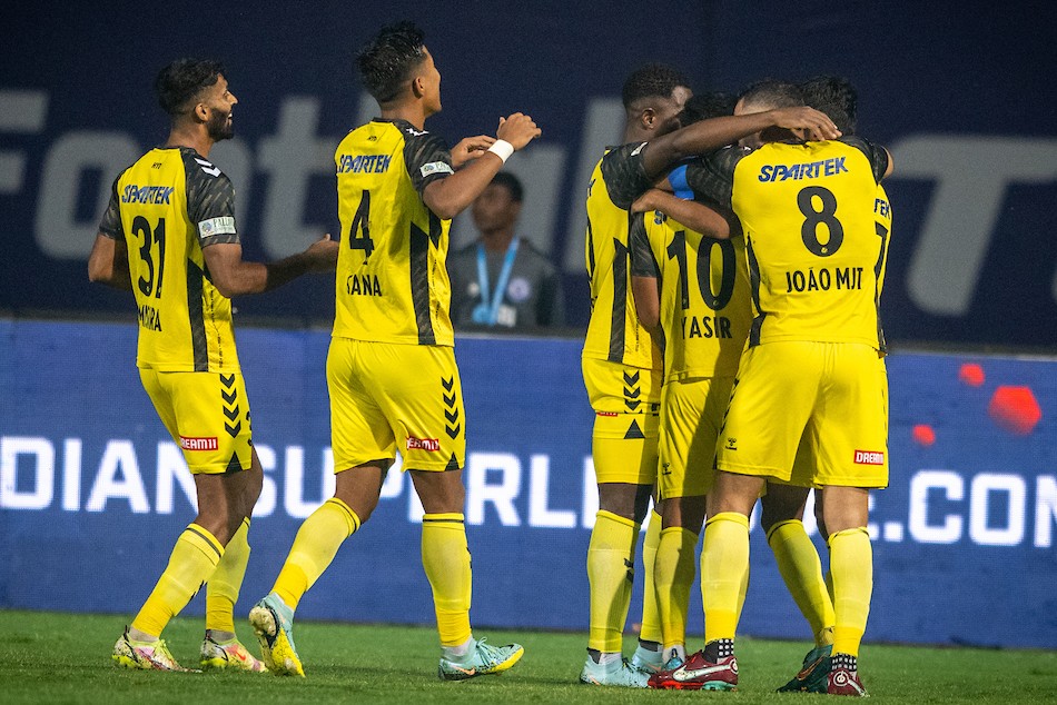 Hyderabad FC players celebrate after scoring against Jamshedpur FC. Credit: FSDL
