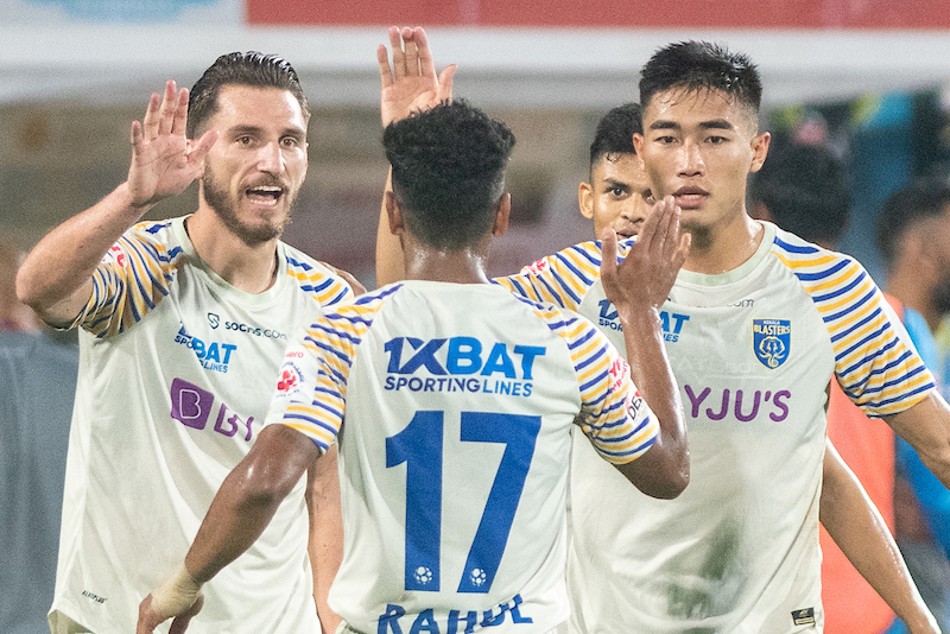 Kerala Blasters FC celebrate their win over NorthEast United FC. Credit: FSDL