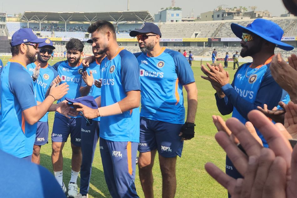 Kuldeep Sen receives ODI cap from Rohit Sharma. Image: BCCI