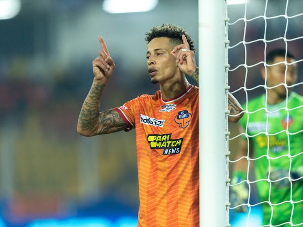 FCGs Noah Wail celebrates his goal at the Jawaharlal Nehru Stadium, Goa. Image: ISL