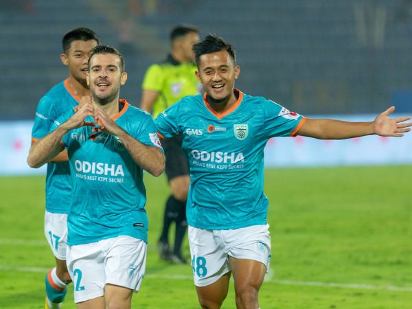 OFCs Victor Rodriguez celebrates after scoring a goal at the Indira Gandhi Athletic Stadium, Guwahati. ISL Media