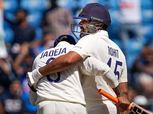 Rohit Sharma hugs Ravindra Jadeja after slamming his 9th Test Century