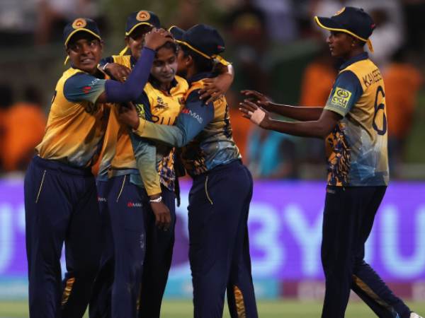Sugandhika Kumari of Sri Lanka celebrates with her teammates. Image: ICC